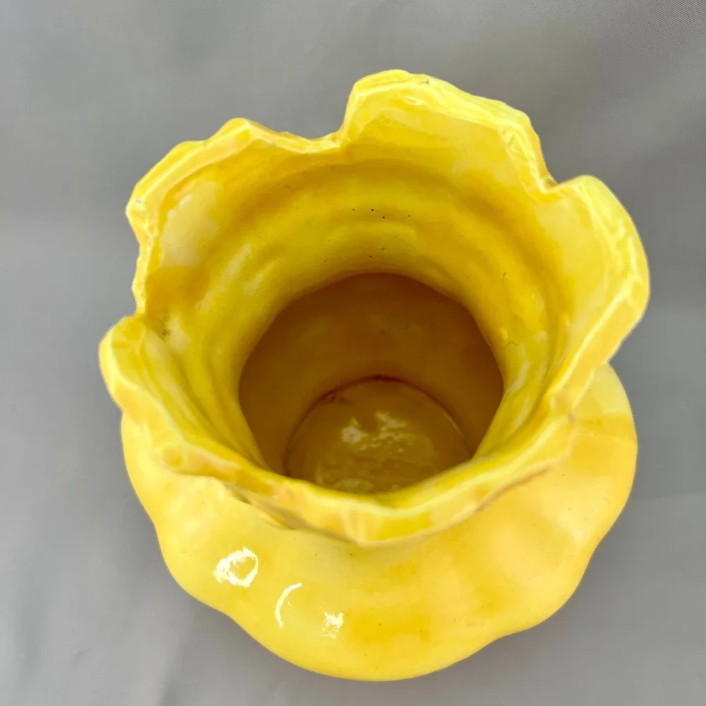 Ceramic Vase Yellow Fair Embossed Scalloped No. 62 Vintage See pics for flaws
